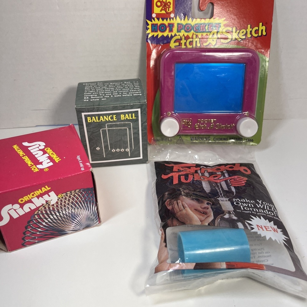 4 Vintage Games 90's New Etch A Sketch Slinky Balance Ball Tornado Tube